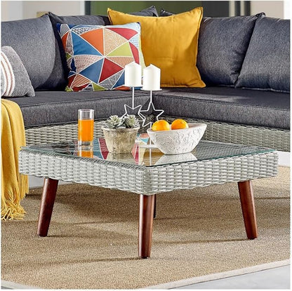 Alaterre Furniture Albany All-Weather Wicker Outdoor Gray 29" Square Coffee Table with Glass Top, brown