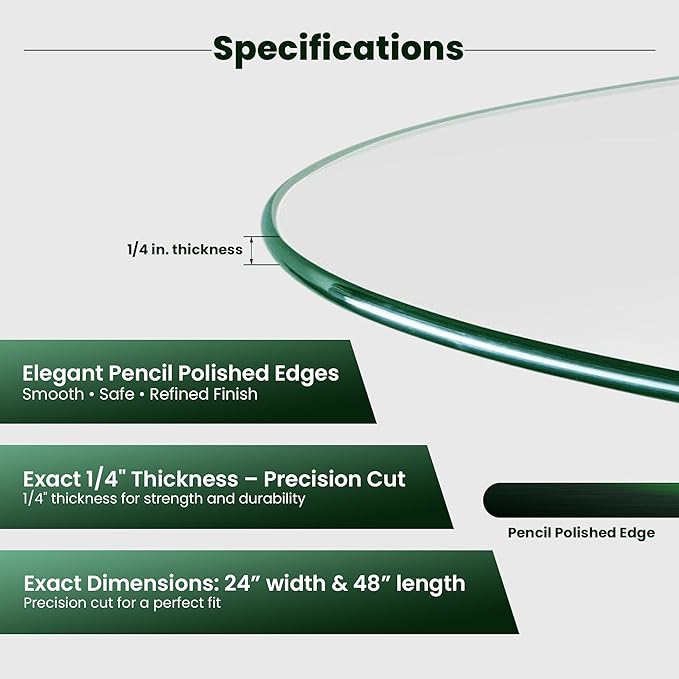 24x48 inch Oval 1/4" Thick Pencil Polished Edge Glass Table Top with 6 Bumpers - Tempered - Photo 4