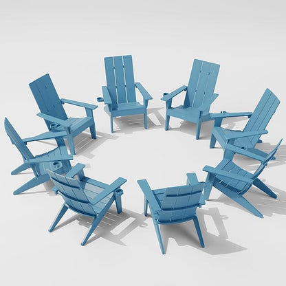 MXIMU Modern Adirondack Chairs Set of 8 Weather Resistant with Cup Holder Oversize Plastic Fire Pit Chairs Plastic Outdoor Chairs for Firepit Area Seating (Blue)