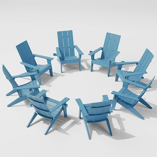 MXIMU Modern Adirondack Chairs Set of 8 Weather Resistant with Cup Holder Oversize Plastic Fire Pit Chairs Plastic Outdoor Chairs for Firepit Area Seating (Blue)