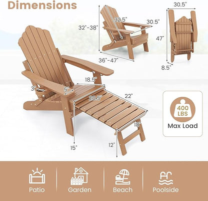 Giantex Folding Adirondack Chair, All-Weather Lounge Chair with Adjustable Backrest, Retractable Ottoman, Cup Holder, HIPS Fire Pit Chair for Lawn, Pool, Patio, Porch (2, Brown)