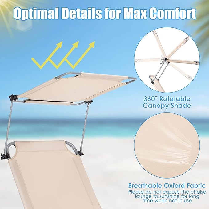GYMAX Tanning Chair, Beach Lounge Chair with Canopy Sunshade, Carry Handle & Pocket - Photo 4