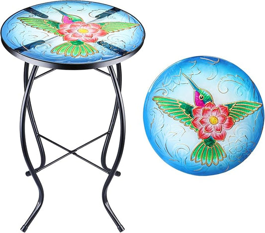 VCUTEKA Patio Side Table Outdoor Accent Table Bistro Coffee Table Plant End Table Small Porch Table Indoor Round Glass Balcony Plant Table Stands Hummingbird 14''