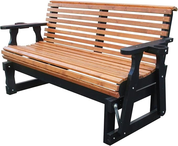 3-Seater Outdoor Glider Chair, 5FT Wood Porch Glider with High Roll Back, Cupholders and Deep Contoured for Porch - Photo 1