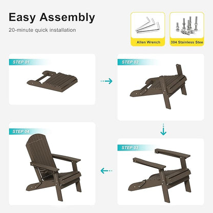 HDPE Foldable Adirondack Outdoor Chair Set of 2 with Cup Holder, Weather Resistant Heavy-Duty Patio Chair for Patio, Backyard, Deck, Fire Pit, Lawn and Porch, Brown