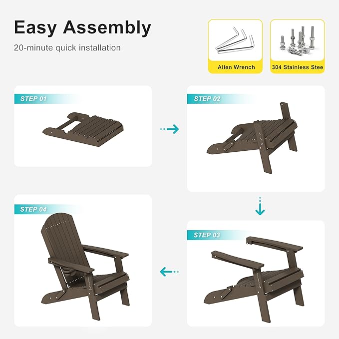 HDPE Foldable Adirondack Outdoor Chair Set of 4 with Cup Holder, Weather Resistant Heavy-Duty Patio Chair for Patio, Backyard, Deck, Fire Pit, Lawn and Porch, Brown
