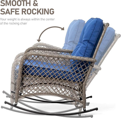 Outvita Outdoor Wicker Rocking Chair, Patio Rattan Rocker Chair w/Cushions & Steel Frame, All-Weather Rocking Lawn Wicker Furniture for Garden Backyard Porch Deck (Navy Blue)