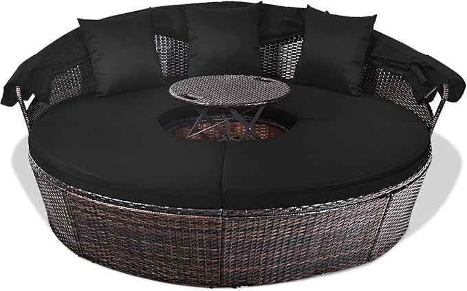 HAPPYGRILL Patio Daybed with Canopy Outdoor Furniture Set Sofa Set Rattan Wicker Round Daybed with Soft Cushions Coffee - Photo 7