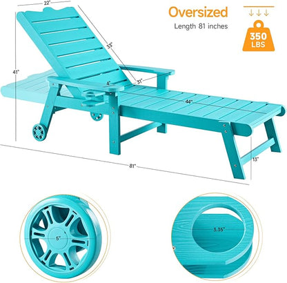 ONBRILL Patio Lounge Chairs with 5-Level Adjustable Backrest, Outdoor Chaise Lounge with CupHolder, All-Weather Lounge Chairs, No Rust, No Fade, No Break, HDPS Material, 350lbs Capacity, Blue