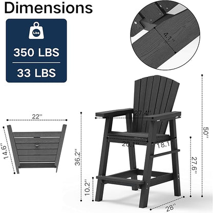 Kingdura Upgraded Tall Adirondack Chairs Set of 2, Weather Resistant HDPE Bar Height Outdoor Stools with Removable Double Connecting Trays, Wooden Grain for Patio, Balcony, Deck (Black)