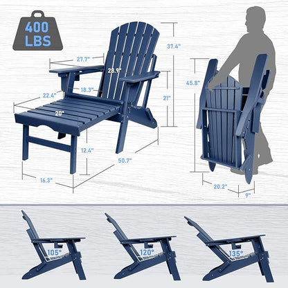 FUNBERRY Adjustable Folding Adirondack Chairs Set of 2 with Retractable Ottoman, All Weather Fire Pit Chairs with Cup Holder