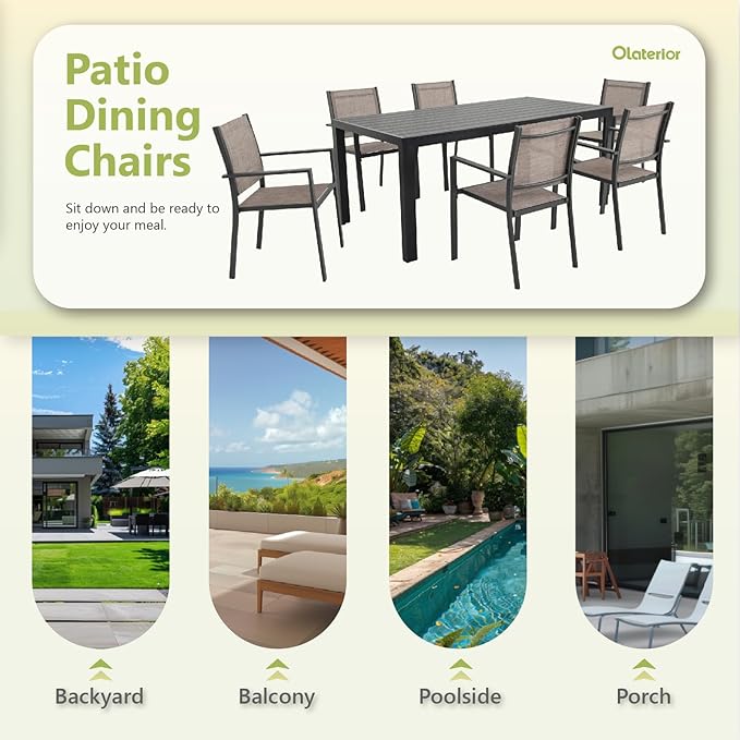 Patio Dining Chairs, All-Weather Textilene Outdoor Dining Chair Set of 4, Heavy-Duty Stackable Minimalist Outdoor Chairs with Armrest, Patio Chairs for Lawn Deck Pool, Brown