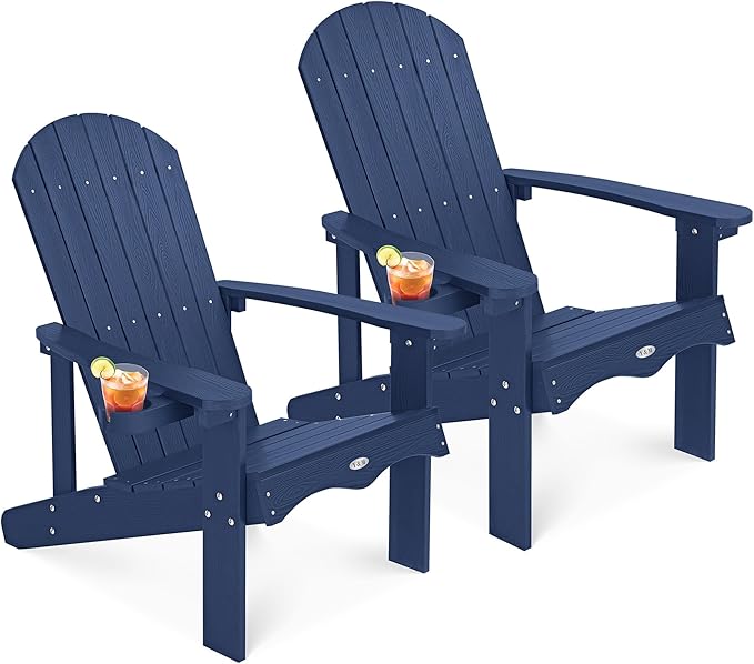 Y&M Adirondack Chair Set of 2, Navy Blue Fire Pit Chairs, Outdoor Patio Chairs with Cup Holder, Weather Resistant HDPE Wooden Textured Patio Chairs, Perfect for Garden, Lawn, Deck, or Poolside