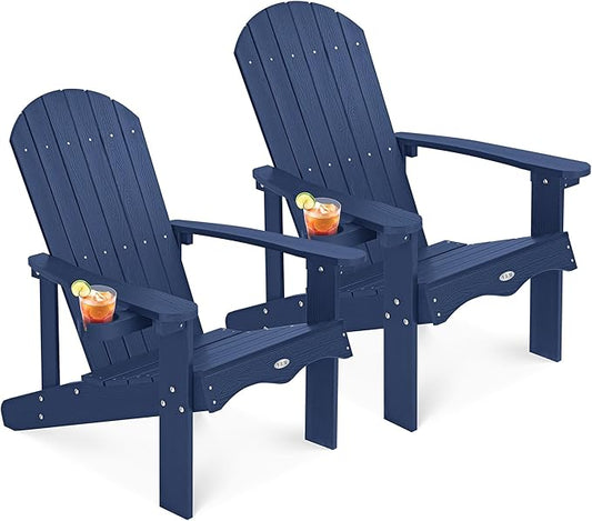 Y&M Adirondack Chair Set of 2, Navy Blue Fire Pit Chairs, Outdoor Patio Chairs with Cup Holder, Weather Resistant HDPE Wooden Textured Patio Chairs, Perfect for Garden, Lawn, Deck, or Poolside