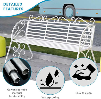 2-Seat Patio Porch Bench 45"，Outdoor Metal Garden Bench，Weather Proof Porch Path Chair，Patio Bench with Backrest and Armrests，Patio Bench for Lawn Path Yard Decor Deck Furniture(White)