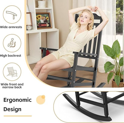 Patio Rocking Chair Outdoor Set of 2,Weather Resistant Poly Resin Oversized Porch Rocker,High Back Smooth Design,350lb Weight Capacity,Indoor Outdoor Use(2, Black)