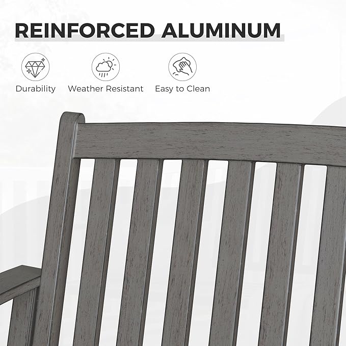 Grand patio Farmhouse Outdoor Bench, Garden Benches with Anti-Rust Aluminum, Faux Wood Grain Finish Frame Patio Bench for Front Porch, Weathered Gray