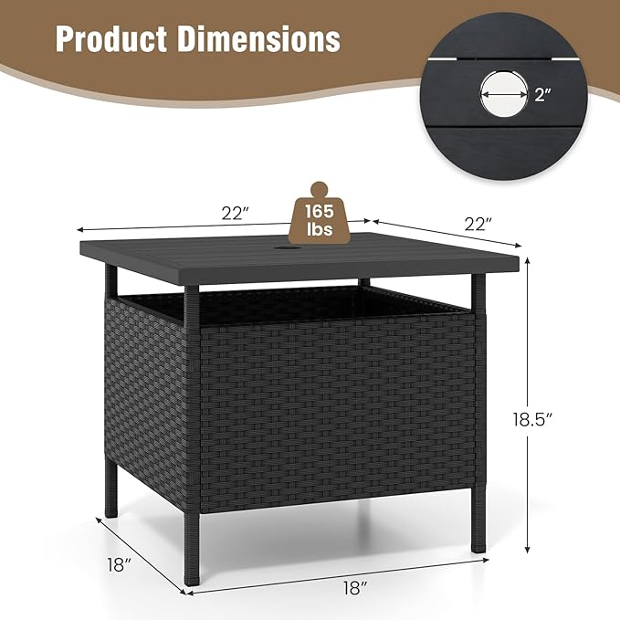 Tangkula Outdoor Wicker Table, Rattan Coffee Table with Umbrella Insert Hole, HDPE Tabletop & Sturdy Metal Frame, Patio Umbrella Side Table Stand for Backyard, Garden, Poolside (Black)
