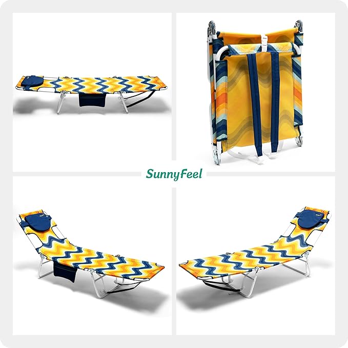 SUNNYFEEL Beach Lounge Chair, Backpack Reclining Beach Chairs Lay Flat, Sun Face Down Tanning Chair, Folding Camping Chairs Portable Camp Cot with Backpack Straps for Outdoor/Picnic/Lawn