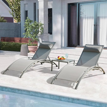 Domi Pool Lounge Chair Set of 3, Outdoor Chaise Lounge with Side Table, Adjustable Garden Aluminum Reclining Chair for Pool Beach Sunbathing Chair (Gray)