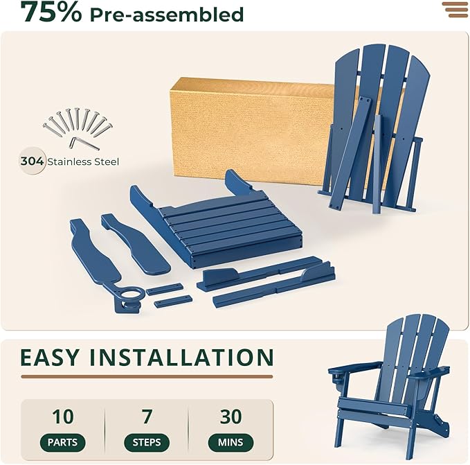 BRIOPAWS Folding-Adirondack-Chairs Set of 4 | HDPE Plastic | Fire Pit Chair | Cup Holder | Curved Back | All Weather | for Outdoor Backyard Deck Patio | Blue