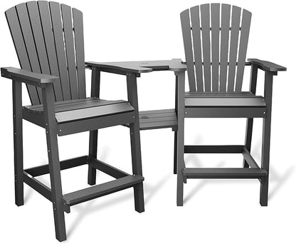 GarveeLife Outdoor Bar Height Adirondack Chairs with Connecting Tray, Balcony Chairs Recycled Poly Adirondack for Deck, Backyard, Outdoor Tall Adirondack Chairs Weather Resistant Set of 2