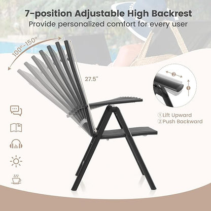 Giantex Set of 4 Folding Patio Chairs, High Back Outdoor Chairs with 7-Level Adjustable High Backrest, Portable Reclining Chairs for Lawn Porch Garden Poolside Camping, No Assembly, Black