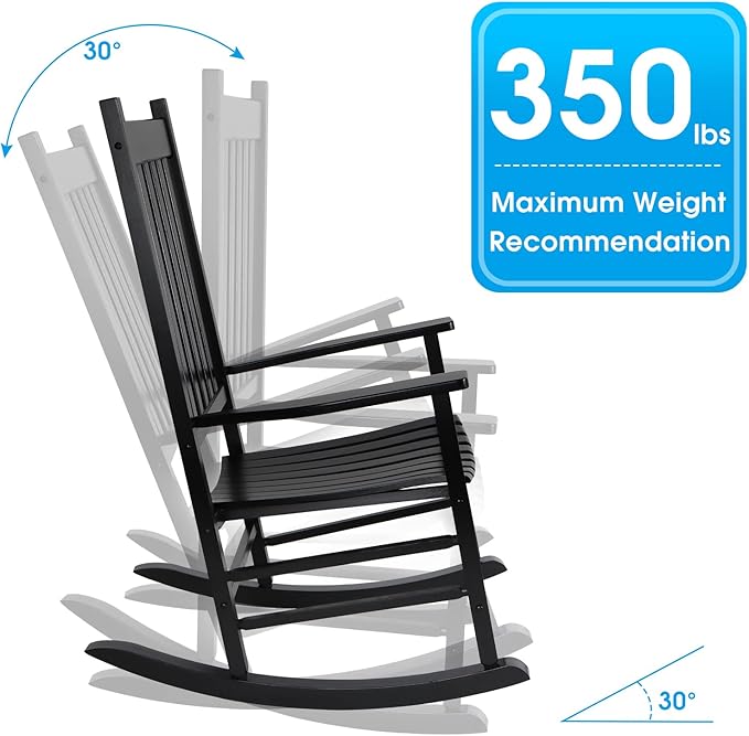XINYUN Rocking Chair Wooden Frame Chair Indoor and Outdoor Fade Resistant Rocker with 350lbs Weight Capacity All Weather Porch Rocker for Garden Lawn Balcony Backyard and Patio Porch Black