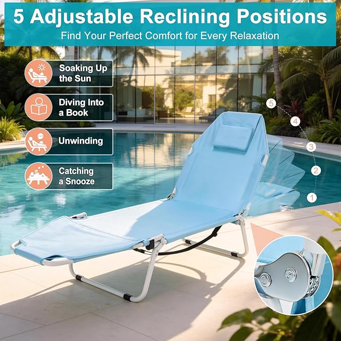 MOPHOTO Beach Tanning Chair, 5-Position Tanning Chair with Padded Face-Hole, Heavy Duty Folding Chaise Lounge for Beach, Pool, Patio & Sunbathing