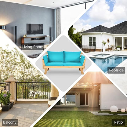 DORTALA Patio Convertible Couch Sofa Bed, Acacia Wood Daybed w/Adjustable Armrest, Collapsible Chaise Lounge w/Cushions & Pillows, Outdoor Loveseat for Poolside, Courtyard (Turquoise)