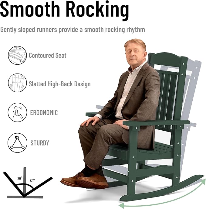 Outdoor Rocking Chairs Set of 6, Oversized High Back Patio Rocking Chairs, All Weather Porch Rocking Chairs for Outside. Dark Green