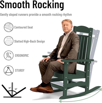 Outdoor Rocking Chairs Set of 6, Oversized High Back Patio Rocking Chairs, All Weather Porch Rocking Chairs for Outside. Dark Green