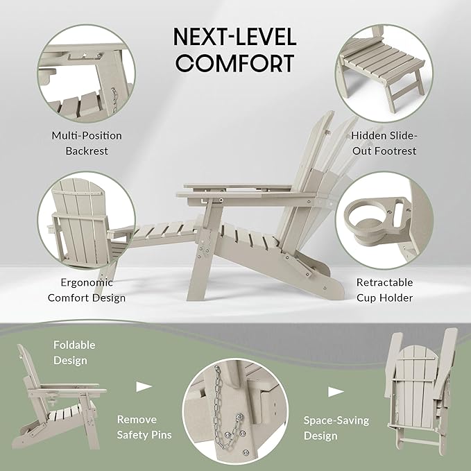 WestinTrends Malibu Folding Adjustable Adirondack Chair with Retractable Ottoman and Cup Holder, Sand