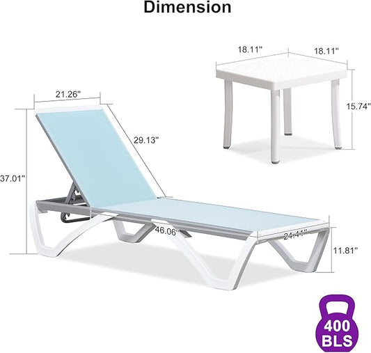 PURPLE LEAF Patio Chaise Lounge Chair Set Outside Aluminum Plastic Stackable Tanning Chairs with Side Table for Pool Sunbathing Beach Deck Outdoor Lounger, Light Blue