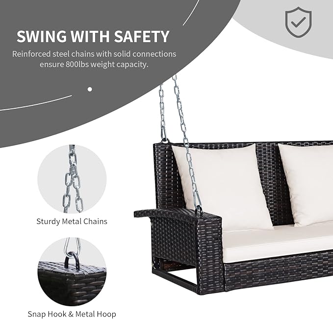 RELAX4LIFE Porch Swing 2-Seat Patio Rattan, Wicker Porch Swings Outdoor W/Two 7.9 Ft Solid Steel Chain - Photo 6