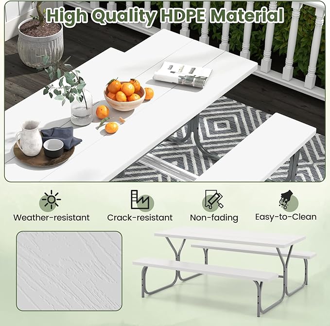 Giantex Picnic Table 6FT for 8 Person, Outdoor Table Set w/ 2 Benches, All-Weather HDPE Rectangular Tabletop - Photo 6