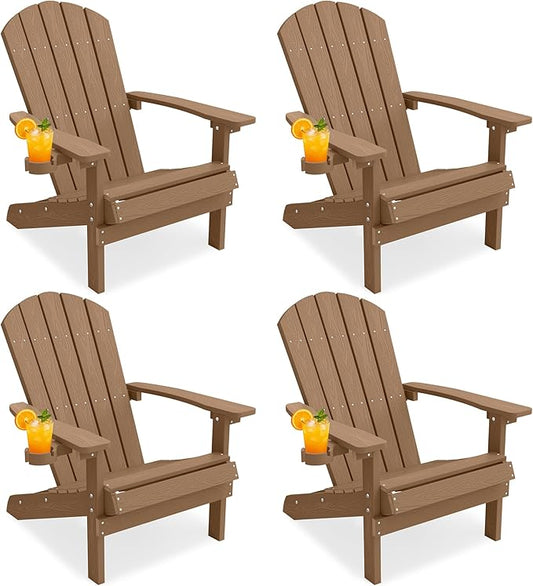 YEFU Adirondack Chairs Set of 4: Outdoor Chair HIPS Plastic Adirondack Chairs - Patio Chairs with Cup Holder & Wood Texture - Lawn Fire Pit Deck Porch Garden Chairs for Adults (Teak)