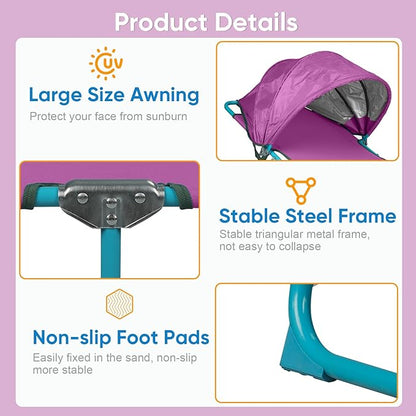 Colorsoul Tanning Chair with Sun Canopy,Adjustable 4-Position Beach Lounge Chair for Adults,Heavy Duty Folding Outdoor Lounge Chair,for Patio Poolside Sunbathing,UPF 50+,300 LBS,Purple