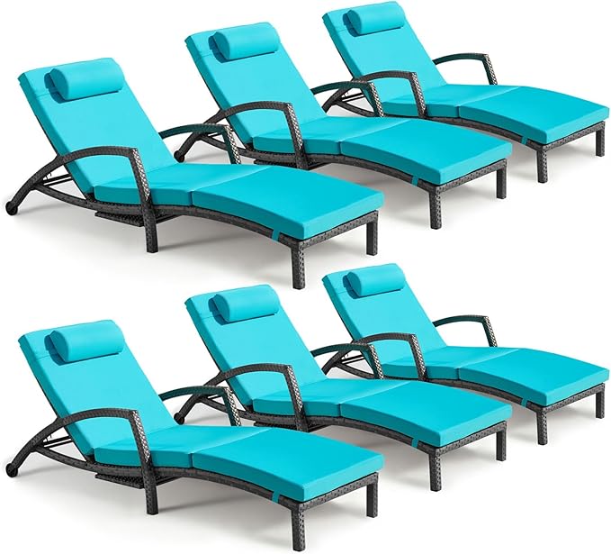 Chaise Lounge Chairs Outdoor Set of 6, Comfy Outside Wicker Patio Pool Lounge Chair w/ 5 Adjustable Back Angle - Photo 1