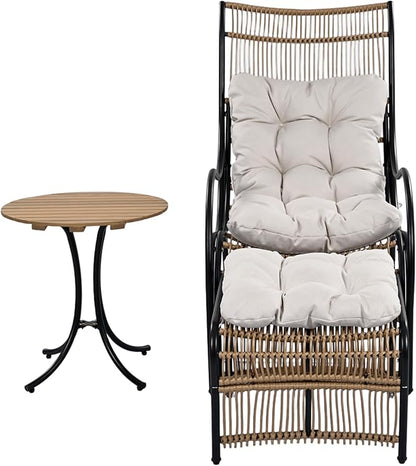 Christopher Knight Home Hanley Patio Wicker Lounge Chair with Ottoman Footrest+Coffee Table, 3-Piece Outdoor Furniture Set for Porch/Balcony/Deck/Backyard, Metal Frame+Soft Cushions,Beige+Black+Brown
