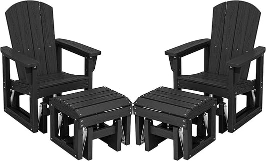 SERWALL Outdoor Glider Chair Set of 2 with Ottoman, HDPE Wood-Like Patio Glider Set All-Weather Porch Glider for Outside, Black