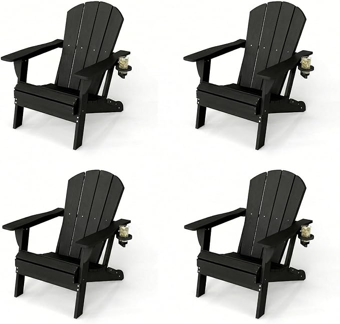 Kingdura Folding Adirondack Chairs Set of 4, Portable HDPE Outdoor Patio Chair with Wooden Textured & Cup Holder, All Weather Resistant, 380LBS Capacity for Pool, Backyard, Balcony, Fire Pit (Black)