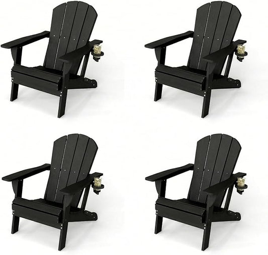 Kingdura Folding Adirondack Chairs Set of 4, Portable HDPE Outdoor Patio Chair with Wooden Textured & Cup Holder, All Weather Resistant, 380LBS Capacity for Pool, Backyard, Balcony, Fire Pit (Black)