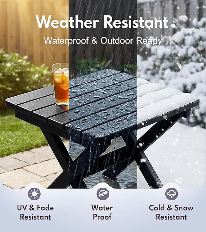 PASAMIC Folding Outdoor Side Table, Small Outdoor Table, Portable, No Assembly, Weather-Resistant HDPE End Table for Camping, RV, Poolside, Garden (Black)