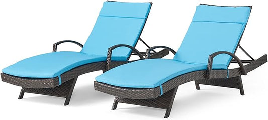 Christopher Knight Home Salem Outdoor Wicker Adjustable Chaise Lounges with Arms, with Cushions, 2-Pcs Set, Multibrown / Blue