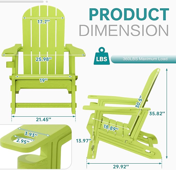 Shintenchi Adirondack Chairs Set of 2,HDPE Adirondack Chairs w/Removable Tablelop & Umbrella Hole,All-Weather Wooden Textured Plastic Outdoor Chairs w/Cup Holders for Garden Backyard Pool,Green