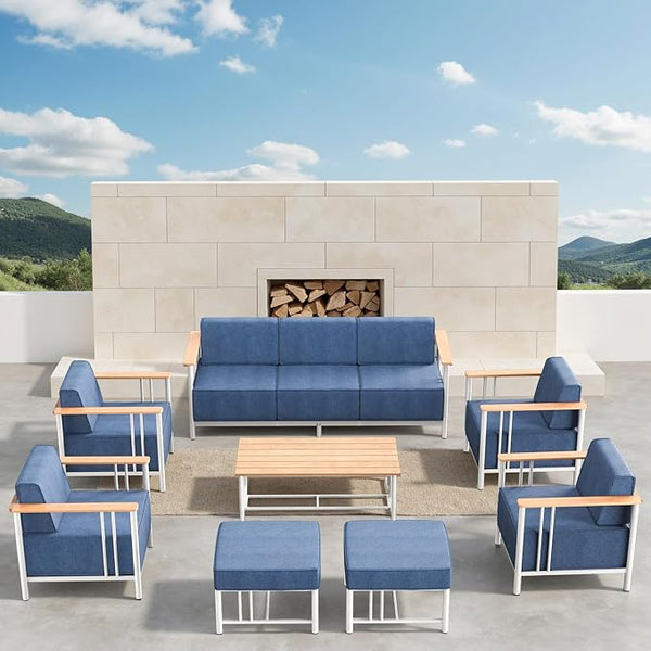 Patio Furniture Set of 8, with 10-inch Thick Cushion Outdoor Furniture Set of 8,Patio Chair Set with Sofa, Wood Grain - Photo 1