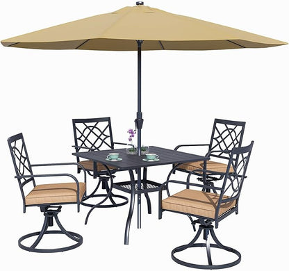 SUNCROWN 5 Pieces Outdoor Dining Set Metal Swivel Cushioned Chairs Patio Furniture Sets with Steel Slat Bistro Table and Sky Blue 9Ft Patio Umbrella for Backyard, Lawn, Garden
