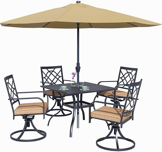SUNCROWN 5 Pieces Outdoor Dining Set Metal Swivel Cushioned Chairs Patio Furniture Sets with Steel Slat Bistro Table and Sky Blue 9Ft Patio Umbrella for Backyard, Lawn, Garden