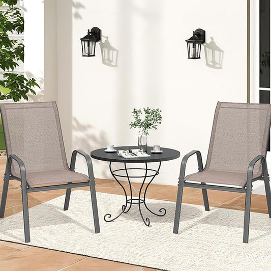 Patio Chairs Set of 2, Easily Set Up Stackable Outdoor Dining Chairs with High Back and Wide Seat, All Weather Breathable Outdoor Chairs Set of 2 with Metal Frame for Backyard Deck Pool, Brown